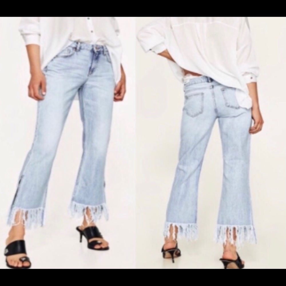 Zara Light Blue Flare Jeans with Fringe Hem